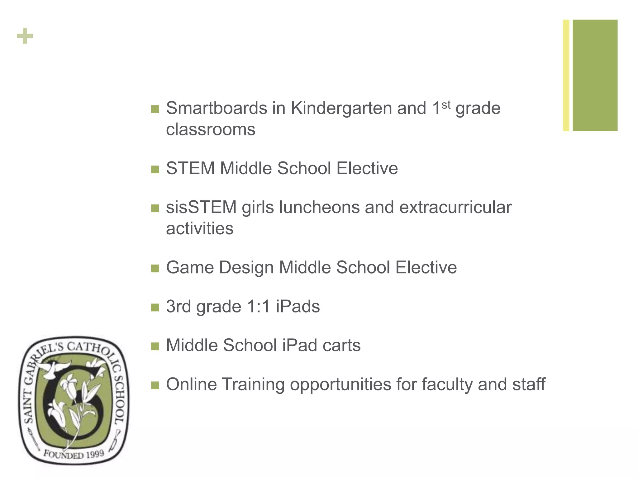 +
 Smartboards in Kindergarten and 1st grade
classrooms
 STEM Middle School Elective
 sisSTEM girls luncheons and extracurricular
activities
 Game Design Middle School Elective
 3rd grade 1:1 iPads
 Middle School iPad carts
 Online Training opportunities for faculty and staff
 