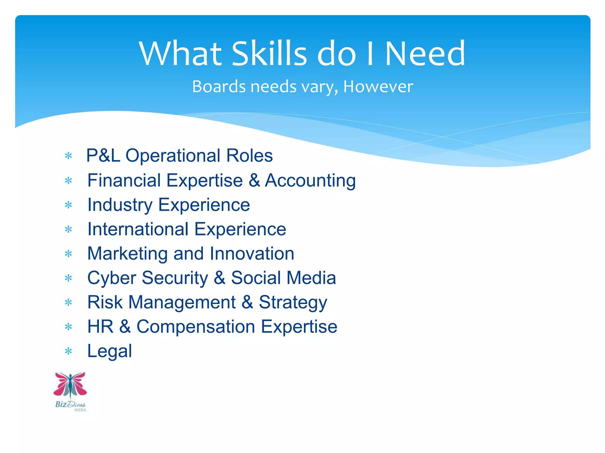  P&L Operational Roles
 Financial Expertise & Accounting
 Industry Experience
 International Experience
 Marketing and Innovation
 Cyber Security & Social Media
 Risk Management & Strategy
 HR & Compensation Expertise
 Legal
What Skills do I Need
Boards needs vary, However
 