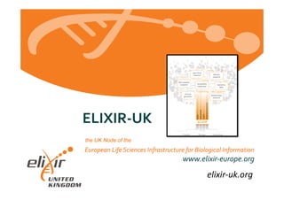 European 
Life 
Sciences 
Infrastructure 
for 
Biological 
Information 
www.elixir-­‐europe.org 
ELIXIR-­‐UK 
the UK Node of the 
elixir-­‐uk.org 
 