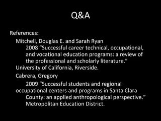 Q&A References:  Mitchell, Douglas E. and Sarah Ryan 2008 “Successful career technical, occupational,  and vocational education programs: a review of  the professional and scholarly literature.”  University of California, Riverside. Cabrera, Gregory 2009 “Successful students and regional  occupational centers and programs in Santa Clara  County: an applied anthropological perspective.”  Metropolitan Education District.  
