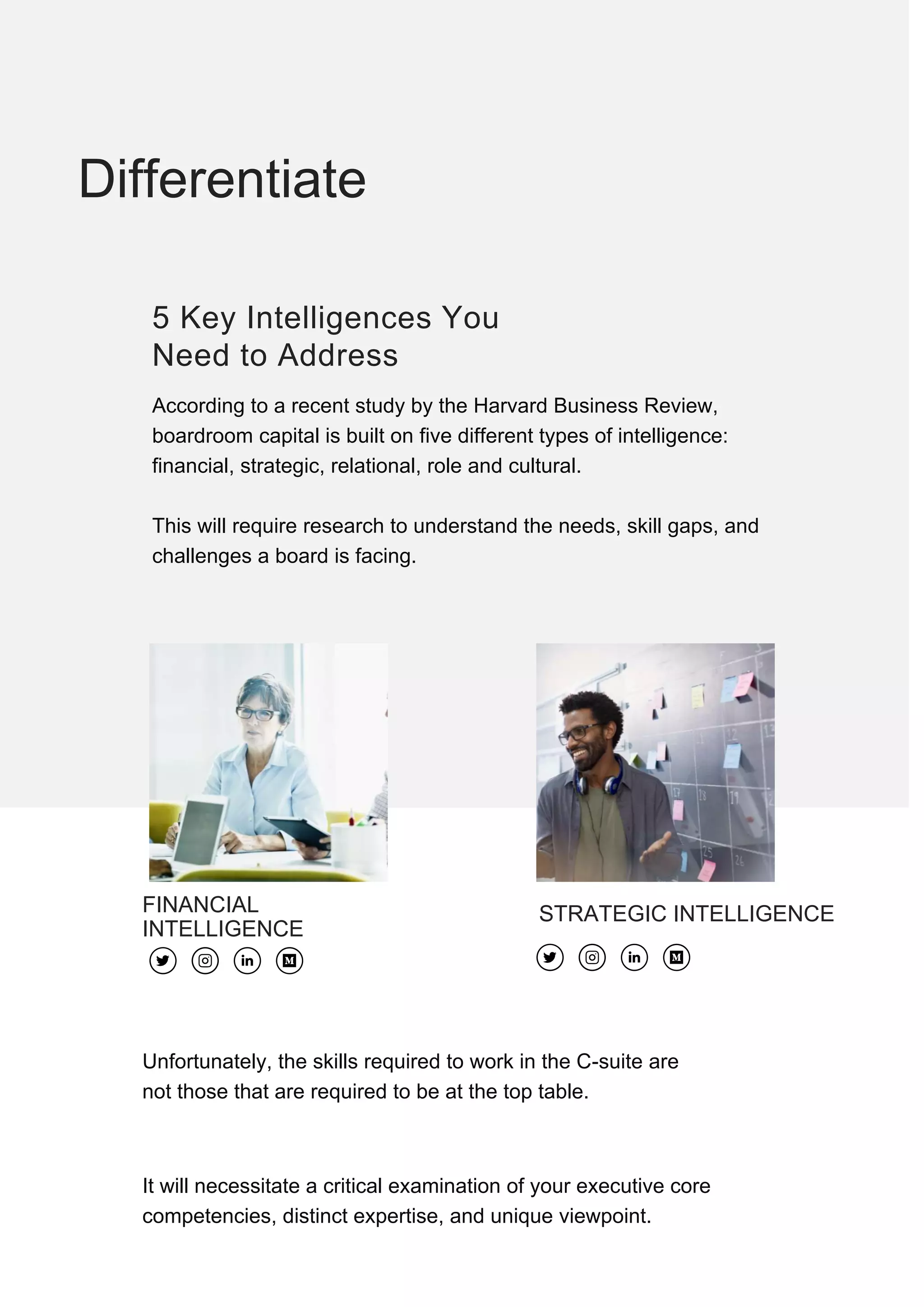 Differentiate
5 Key Intelligences You
Need to Address
According to a recent study by the Harvard Business Review,
boardroom capital is built on five different types of intelligence:
financial, strategic, relational, role and cultural.
This will require research to understand the needs, skill gaps, and
challenges a board is facing.
STRATEGIC INTELLIGENCE
FINANCIAL
INTELLIGENCE
Unfortunately, the skills required to work in the C-suite are
not those that are required to be at the top table.
It will necessitate a critical examination of your executive core
competencies, distinct expertise, and unique viewpoint.