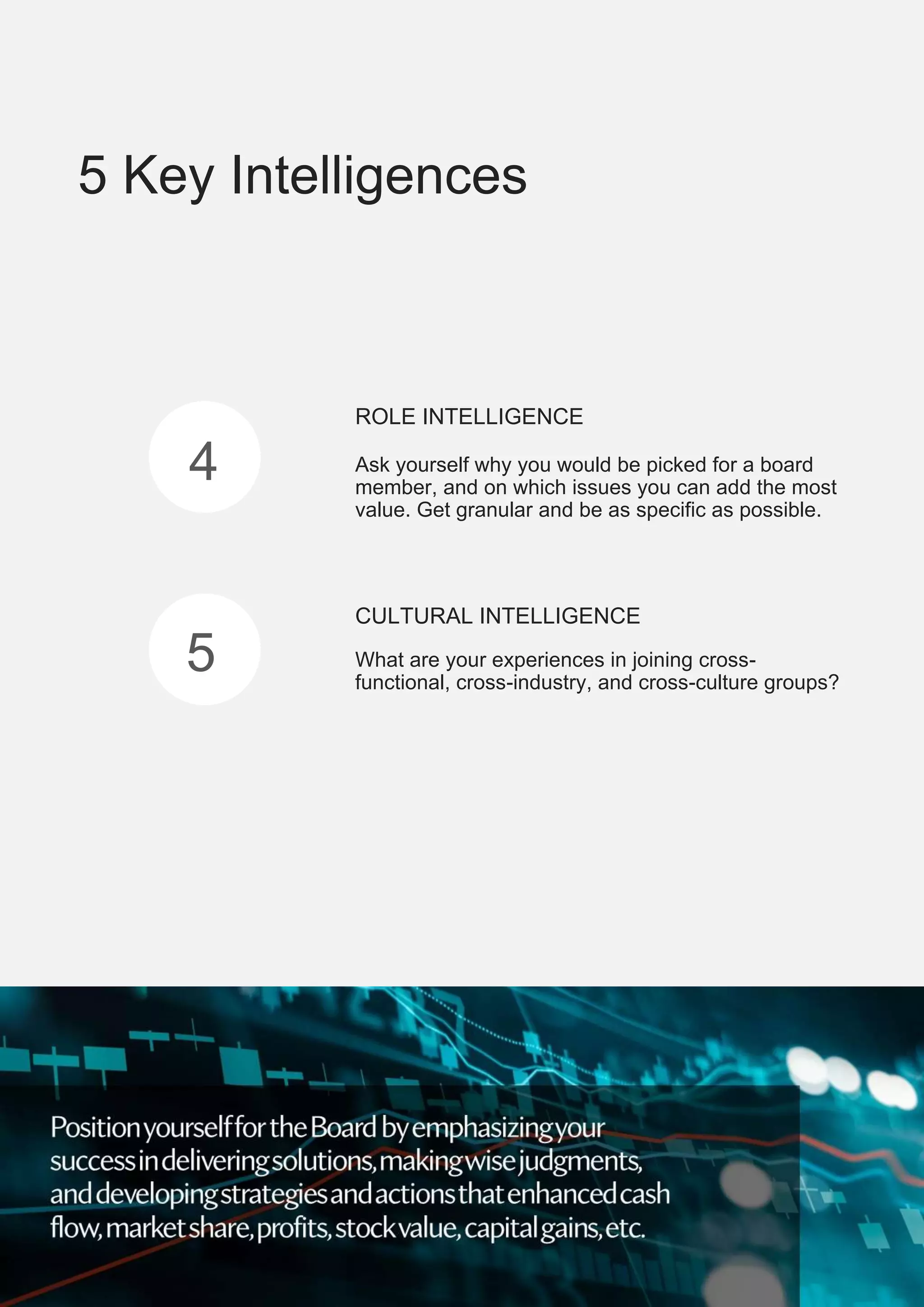 ROLE INTELLIGENCE
Ask yourself why you would be picked for a board
member, and on which issues you can add the most
value. Get granular and be as specific as possible.
CULTURAL INTELLIGENCE
What are your experiences in joining cross-
functional, cross-industry, and cross-culture groups?
5 Key Intelligences
4
5