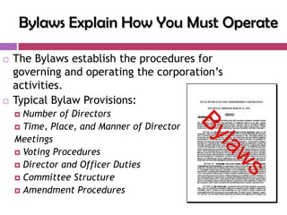 Bylaws Explain How You Must Operate

   The Bylaws establish the procedures for
    governing and operating the corporation‟s
    activities.
   Typical Bylaw Provisions:
     Number of Directors
     Time, Place, and Manner of Director
    Meetings
     Voting Procedures
     Director and Officer Duties
     Committee Structure
     Amendment Procedures
 