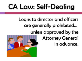 CA Law: Self-Dealing
   Loans to director and officers
     are generally prohibited…
        unless approved by the
               Attorney General
                     in advance.
 