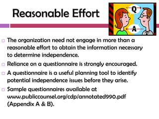 Reasonable Effort

   The organization need not engage in more than a
    reasonable effort to obtain the information necessary
    to determine independence.
   Reliance on a questionnaire is strongly encouraged.
   A questionnaire is a useful planning tool to identify
    potential independence issues before they arise.
   Sample questionnaires available at
    www.publiccounsel.org/cdp/annotated990.pdf
    (Appendix A & B).
 