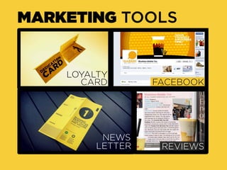 MARKETING TOOLS


    LOYALTY
      CARD        FACEBOOK




          NEWS
         LETTER    REVIEWS
 