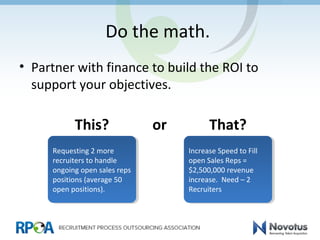 Do the math.
• Partner with finance to build the ROI to
support your objectives.
Requesting 2 more
recruiters to handle
ongoing open sales reps
positions (average 50
open positions).
Requesting 2 more
recruiters to handle
ongoing open sales reps
positions (average 50
open positions).
This?
Increase Speed to Fill
open Sales Reps =
$2,500,000 revenue
increase. Need – 2
Recruiters
Increase Speed to Fill
open Sales Reps =
$2,500,000 revenue
increase. Need – 2
Recruiters
That?or
 