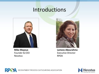 Introductions
Mike Mayeux
Founder & CEO
Novotus
Lamees Abourahma
Executive Director
RPOA
 