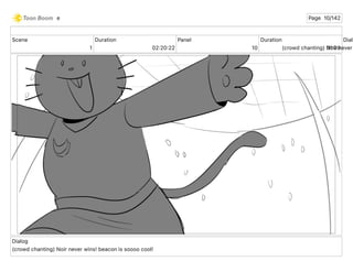 Scene
1
Duration
02 20 22
Panel
10
Duration
01 00
Dialo
(crowd chanting) Noir never
Dialog
(crowd chanting) Noir never wins! beacon is soooo cool!
e Page 10/142
 