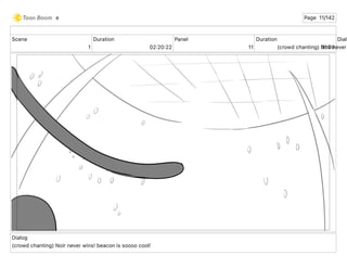 Scene
1
Duration
02 20 22
Panel
11
Duration
01 00
Dialo
(crowd chanting) Noir never
Dialog
(crowd chanting) Noir never wins! beacon is soooo cool!
e Page 11/142
 
