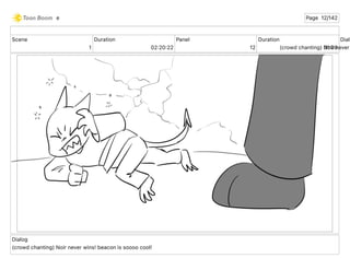 Scene
1
Duration
02 20 22
Panel
12
Duration
01 00
Dialo
(crowd chanting) Noir never
Dialog
(crowd chanting) Noir never wins! beacon is soooo cool!
e Page 12/142
 