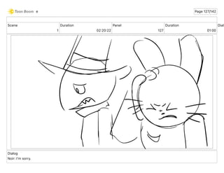 Scene
1
Duration
02 20 22
Panel
127
Duration
01 00
Dialo
Dialog
Noir: I'm sorry.
e Page 127/142
 