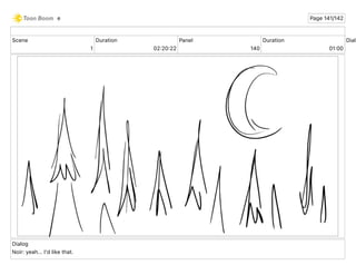 Scene
1
Duration
02 20 22
Panel
140
Duration
01 00
Dialo
Dialog
Noir: yeah... I'd like that.
e Page 141/142
 