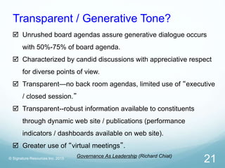 © Signature Resources Inc. 2015
21
 Unrushed board agendas assure generative dialogue occurs
with 50%-75% of board agenda...