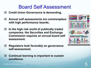 © Signature Resources Inc. 2015
5
 Credit Union Governance is demanding.
 Annual self assessments are commonplace
with h...