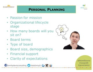 /emilydavisconsulting /AskEmilyD
@BoardSource
#nonprofit
#governance
• Passion for mission
• Organizational lifecycle
stage
• How many boards will you
sit on?
• Board terms
• Type of board
• Board size, demographics
• Financial support
• Clarity of expectations
PERSONAL PLANNING
 
