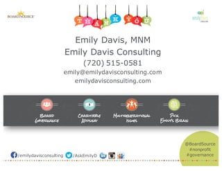 /emilydavisconsulting /AskEmilyD
@BoardSource
#nonprofit
#governance
Emily Davis, MNM
Emily Davis Consulting
(720) 515-0581
emily@emilydavisconsulting.com
emilydavisconsulting.com
 