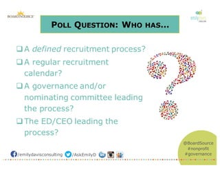 /emilydavisconsulting /AskEmilyD
@BoardSource
#nonprofit
#governance
POLL QUESTION: WHO HAS…
qA defined recruitment process?
qA regular recruitment
calendar?
qA governance and/or
nominating committee leading
the process?
qThe ED/CEO leading the
process?
 