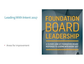 LeadingWith Intent 2017
• Overall ”B” rating from CEOs &
Board Chairs
• Understanding board roles &
responsibilities leads to positive
impact
• Areas for improvement
 