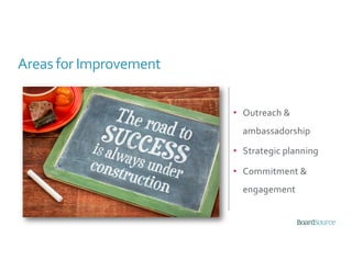 • Outreach &
ambassadorship
• Strategic planning
• Commitment &
engagement
Areas for Improvement
 