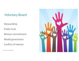 Voluntary Board
Stewardship
Public trust
Mission commitment
Model governance
Conflict of interest
Council on Foundations
 