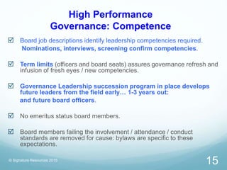 High Performance
Governance: Competence
 Board job descriptions identify leadership competencies required.
Nominations, i...