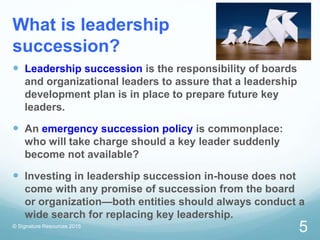 What is leadership
succession?
 Leadership succession is the responsibility of boards
and organizational leaders to assur...