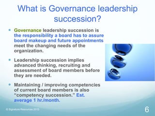 What is Governance leadership
succession?
 Governance leadership succession is
the responsibility a board has to assure
b...