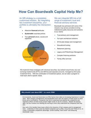 How Can Boardwalk Capital Help Me?
An SRI strategy is a completely                       We can integrate SRI into a full
customized solution. By integrating                   range of investment, trust and
two investment disciplines, your                      financial advisory services.
portfolio is ultimately the intersection              Boardwalk has partnered with some of the
of:                                                   industry’s top service providers to bring
        Attractive financial attributes              institutional quality resources and solutions
                                                      to our clients:
        Sustainable corporate policies
                                                         Trust advisory and management
        Your personal values, causes and
         objectives                                      Full open architecture solutions

                                                         401(k) plan design and management

                                                         Educational funding
                     Financial
                                                         Retirement planning

                                                         Legacy and Philanthropic Management

                                                         Complex financing solutions
       Sustainable
                                 Personal                Family office services




We implement these strategies with individual securities, top-ranked mutual funds, low cost
exchange traded funds (ETFs) and SRI-focused separate accounts, managed by third party
investment firms. With this combination of investment options, we can tailor a program to
meet each client’s specific needs.




  Why should I care about SRI? In a word: RISK


   Environmental, Social and Governance (or ESG) factors have taken on increasing importance in recent
   years. Both company managements and shareholders have seen the impact of these issues on share
   prices and on profitability. Companies that fail to understand and address the competitive and
   regulatory effects of these issues present higher levels of risk for investors. Despite the obvious
   signs, too few investors are heeding the warning to more fully understand the companies that they
   own.
   How well a firm handles these issues reflects the character of that company and its management
   team. Leadership in these areas has helped companies such as Nike, Coca-Cola and Tiffany & Co. to
   create a sustainable competitive advantage, further building “their brand” and enhancing
   shareholder value.
 