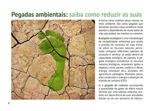 8
A forma como vivemos deixa marcas no
meio ambiente. São como pegadas que
deixamos durante nossa existência neste
planeta e, dependendo do nosso estilo de
vida,elas podem ser maiores ou menores.
A pegada ecológica é uma metodologia
de contabilidade ambiental que avalia
a pressão do consumo da vida huma-
na sobre os recursos naturais, permi-
tindo comparar diferentes padrões de
consumo e verificar se estão dentro da
capacidade ecológica do planeta. A pe-
gada ecológica contabiliza os recursos
naturais biológicos renováveis (grãos e
vegetais, carne, peixes, madeira e fibras,
energia renovável etc.), divididos em
agricultura, pastagens, florestas, pesca,
área construída e energia e absorção de
dióxido de carbono (CO2).
Já a pegada de carbono corresponde
à quantidade de gases de efeito estufa
emitida por uma pessoa, empresa, pro-
duto, em decorrência de suas atividades
diárias ou do seu processo de fabrica-
Pegadas ambientais: saiba como reduzir as suas
 