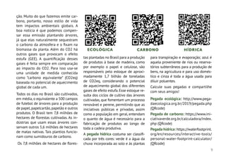 9
ção. Muito do que fazemos emite car-
bono, portanto, nosso estilo de vida
tem impactos ambientais globais. A
boa notícia é que podemos compen-
sar essa emissão plantando árvores,
já que elas naturalmente sequestram
o carbono da atmosfera e o fixam na
biomassa da planta. Além do CO2 há
outros gases que provocam o efeito
estufa (GEE). A quantificação desses
gases é feita sempre em comparação
ao impacto do CO2. Para isso usa-se
uma unidade de medida conhecida
como ”carbono equivalente” (CO2eq)
baseada no potencial de aquecimento
global de cada um.
Todos os dias no Brasil são cultivados,
em média, o equivalente a 500 campos
de futebol de árvores para a produção
de papel,papelcartão,papelão e outros
produtos. O Brasil tem 7,8 milhões de
hectares de florestas cultivadas. As in-
dústrias que usam essas árvores con-
servam outros 5,6 milhões de hectares
de matas nativas. Tais plantios funcio-
nam como sumidouros de carbono.
Os 7,8 milhões de hectares de flores-
tas plantadas no Brasil para a produção
de produtos à base de madeira, como
por exemplo o papel e celulose, são
responsáveis pelo estoque de aproxi-
madamente 1,7 bilhão de toneladas
de CO2eq, considerando o potencial
de aquecimento global dos diferentes
gases de efeito estufa.Esse estoque re-
sulta dos ciclos de cultivo das árvores
cultivadas, que fomentam um processo
renovável e perene, permitindo que as
iniciativas públicas e privadas, assim
como a população em geral, entendam
o quanto de água é necessário para a
fabricação de produtos ao longo de
toda a cadeia produtiva.
A pegada hídrica costuma ser classifi-
cada por três cores: verde é a água da
chuva incorporada ao solo e às plantas
para transpiração e evaporação; azul é
aquela proveniente de rios ou reserva-
tórios subterrâneos para a produção de
bens, na agricultura e para uso domés-
tico e cinza é toda a água usada para
diluir poluentes.
Calcule suas pegadas e compartilhe
com seus amigos!
Pegada ecológica: http://www.pega-
daecologica.org.br/2019/pegada.php
(QRcode)
Pegada de carbono: https://www.ini-
ciativaverde.org.br/calculadora/index.
php (QRcode)
Pegada hídrica: https://waterfootprint.
org/en/resources/interactive-tools/
personal-water-footprint-calculator/
(QRcode)
ECOLÓGICA CARBONO HÍDRICA
 