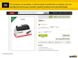 http://www.quill.com/
Ao comprar um produto, o cliente pode transformar a compra, em um
pedido/assintura para receber aquele produto com periodicidade.
06
 