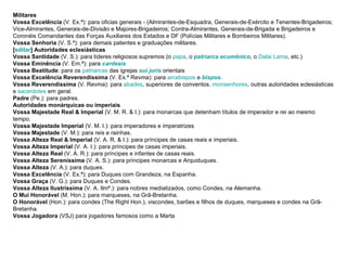 Militares Vossa Excelência  (V. Ex.ª): para oficias generais - (Almirantes-de-Esquadra, Generais-de-Exército e Tenentes-Brigadeiros; Vice-Almirantes, Generais-de-Divisão e Majores-Brigadeiros; Contra-Almirantes, Generais-de-Brigada e Brigadeiros e Coronéis Comandantes das Forças Auxiliares dos Estados e DF (Polícias Militares e Bombeiros Militares).  Vossa Senhoria  (V. S.ª): para demais patentes e graduações militares.  [ editar ] Autoridades eclesiásticas Vossa Santidade  (V. S.): para líderes religiosos supremos (o  papa , o  patriarca ecumênico , o  Dalai  Lama , etc.)  Vossa Eminência  (V. Em.ª): para  cardeais   Vossa Beatitude : para os  patriarcas  das igrejas  sui   juris  orientais  Vossa Excelência Reverendíssima  (V. Ex.ª Revma): para  arcebispos  e  bispos .  Vossa Reverendíssima  (V. Revma): para  abades , superiores de conventos,  monsenhores , outras autoridades eclesiásticas e  sacerdotes  em geral.  Padre  (Pe.): para padres.  Autoridades monárquicas ou imperiais Vossa Majestade Real & Imperial  (V. M. R. & I.): para monarcas que detenham títulos de imperador e rei ao mesmo tempo.  Vossa Majestade Imperial  (V. M. I.): para imperadores e imperatrizes  Vossa Majestade  (V. M.): para reis e rainhas.  Vossa Alteza Real & Imperial  (V. A. R. & I.): para príncipes de casas reais e imperiais.  Vossa Alteza Imperial  (V. A. I.): para príncipes de casas imperiais.  Vossa Alteza Real  (V. A. R.): para príncipes e infantes de casas reais.  Vossa Alteza Sereníssima  (V. A. S.): para príncipes monarcas e Arquiduques.  Vossa Alteza  (V. A.): para duques.  Vossa Excelência  (V. Ex.ª): para Duques com Grandeza, na Espanha.  Vossa Graça  (V. G.): para Duques e Condes.  Vossa Alteza Ilustríssima  (V. A. Ilmª.): para nobres mediatizados, como Condes, na Alemanha.  O Mui Honorável  (M. Hon.): para marqueses, na Grã-Bretanha.  O Honorável  (Hon.): para condes (The Right Hon.), viscondes, barões e filhos de duques, marqueses e condes na Grã-Bretanha.  Vossa Jogadora  (VSJ) para jogadores famosos como a Marta  