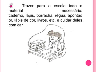 ... Trazer para a escola todo o material necessário: caderno, lápis, borracha, régua, apontador, lápis de cor, livros, etc. e cuidar deles com carinho. 