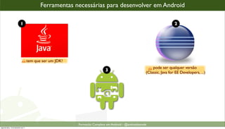 Ferramentas necessárias para desenvolver em Android

                            1                                                                                             2




                                      tem que ser um JDK!
                                                                                                            pode ser qualquer versão
                                                                             3                          (Classic, Java for EE Developers, ...)




                                                            Formacão Completa em Android - @androidnarede
segunda-feira, 12 de dezembro de 11
 