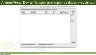 AVD Manager: gerenciador de dispositivos virtuais...
   Android Virtual Device Manager: gerenciador de dispositivos                        virtuais




                                      Formacão Completa em Android - @androidnarede
segunda-feira, 12 de dezembro de 11
 