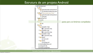 todo projeto Android,projeto Android o assim...
                                    Estrutura de um é organizad




                                                                                         pasta para os binários compilados




                                         Formacão Completa em Android - @androidnarede
segunda-feira, 12 de dezembro de 11
 