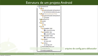 todo projeto Android,projeto Android o assim...
                                    Estrutura de um é organizad




                                                                                         arquivo de conﬁg para obfuscador

                                         Formacão Completa em Android - @androidnarede
segunda-feira, 12 de dezembro de 11
 