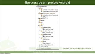 todo projeto Android,projeto Android o assim...
                                    Estrutura de um é organizad




                                                                                         arquivo de propriedades do ant
                                         Formacão Completa em Android - @androidnarede
segunda-feira, 12 de dezembro de 11
 