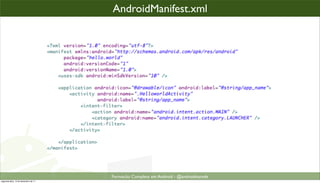 Analisando AndroidManifest.xml
                                                 cada arquivo: AndroidManifest.xml




                                                 Formacão Completa em Android - @androidnarede
segunda-feira, 12 de dezembro de 11
 