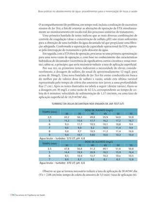 Boas práticas no abastecimento de água: procedimentos para a minimização de riscos à saúde
136 Secretaria de Vigilância em Saúde
O acompanhamento do problema, em tempo real, incluiu a realização de sucessivos
ensaios de Jar Test, a fim de orientar as alterações de operação da ETA simultanea-
mente ao monitoramento em escala real dos processos unitários de tratamento.
Uma primeira batelada de testes indicou que as mais diversas combinações de
controle da coagulação (dose e concentração de sulfato, pH) não eram suficientes
para a obtenção de uma turbidez da água decantada tal que propiciasse uma filtra-
ção adequada. Confirmada a superação da capacidade operacional da ETA, optou-
se pela interrupção do tratamento e pelo descarte da água.
Em seguida,com a ETA fora de operação,procurou-se uma primeira aproximação
para uma nova vazão de operação, e, com base no conhecimento das características
hidráulicas do decantador (ocorrência de significativos curtos-circuitos e zonas mor-
tas), sabia-se, a princípio, que seria necessário reduzir a taxa de aplicação superficial.
Por sua vez, os primeiros testes indicaram a necessidade de elevar, conside-
ravelmente, a dosagem de sulfato, do usual de aproximadamente 12 mg/L para
acima de 30mg/L. Uma nova batelada de Jar Test foi então conduzida em busca
do melhor par de valores dose de sulfato x vazão, sendo esta última variável
representada pelo tempo de coleta das amostras nos jarros a uma profundidade
fixa (7 cm). Após os testes ilustrados na tabela a seguir (dentre vários), fixou-se
a dosagem em 30 mg/L e uma vazão de 42 L/s, correspondente ao tempo de co-
leta de 6 minutos: velocidade de sedimentação de 1,17 cm/min, ou uma taxa de
aplicação superficial de 16,9 m3
/m2
.dia.
Turbidez da água decantada nos ensaios de Jar Test (uT)
TEMPO (min)
DOSE DE SULFATO (mg/L)
30 35 40 45 50 55
3,5 43,2 56,3 49,8 55,9 54,0 53,8
5 15,3 15,6 17,7 16,2 17,2 16,7
6 9,3 11,7 10,5 10,1 10,8 9,4
7 9,6 9,9 9,2 10,5 11,4 9,9
8 9,0 9,7 10,5 11,3 11,4 10,6
9 9,4 10,1 9,83 10,0 10,3 10,0
Água bruta – turbidez: 573 UT; pH: 6,8
TEMPO (min)
DOSE DE SULFATO (mg/L)
30 35 40 45 50 55
3,5 47,8 56,8 51,3 49,1 51,6 50,8
5 14,4 18,9 20,9 18,2 15,9 16,4
6 8,5 10,4 12,7 10,3 10,o 10,5
7 8,0 8,7 9,2 8,1 8,3 12,6
Água bruta – turbidez: 370 UT; pH: 6,6
Observe-se que se tornou necessário reduzir a taxa de aplicação de 30 m3
/m2
.dia
(Vs = 2,08 cm/min; tempo de coleta da amostra de 3,5 min) (taxa de aplicação óti-
 