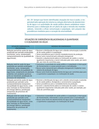 Boas práticas no abastecimento de água: procedimentos para a minimização de riscos à saúde
154 Secretaria de Vigilância em Saúde
Art. 29. Sempre que forem identificadas situações de risco à saúde, o res-
ponsável pela operação do sistema ou solução alternativa de abastecimen-
to de água e as autoridades de saúde pública devem estabelecer enten-
dimentos para a elaboração de um plano de ação e tomada das medidas
cabíveis, incluindo a eficaz comunicação à população, sem prejuízo das
providências imediatas para a correção da anormalidade.
Situações de emergência relacionadas à quantidade 		
e à quaLidade da água
SITUAÇÃO EMERGENCIAL
ENCONTRADA
MEDIDAS RECOMENDADAS
Redução parcial da vazão de água
produzida por período prolongado
(enchentes, secas, tempestades,
comprometimento da qualidade da
água bruta).
• Racionar a distribuição da água com a devida comunicação à autorida-
de de saúde pública e à população.
• Tomar providências para o pronto restabelecimento da produção.
• Buscar outro manancial para utilização emergencial.
• Garantir o abastecimento pleno às instituições de saúde e a outras
igualmente importantes a serem indicadas pelo setor saúde, por exem-
plo, por meio de caminhões-pipa.
Redução total da vazão de água
produzida por período prolongado
(enchentes, secas, tempestades,
comprometimento da qualidade da
água bruta, rompimento de adutoras,
acidentes com produtos químicos
junto ao manancial, paralisação de
processos de tratamento).
• Comunicar à autoridade de saúde pública e à população a interrupção
do fornecimento e o prazo previsto para a normalização.
• Buscar outro manancial para utilização emergencial e implantar novo
sistema de produção de água.
• Buscar outra fonte de abastecimento de água por caminhão-pipa para
o suprimento à população e às instituições de saúde.
Redução parcial da vazão de água
produzida por período curto
(comprometimento temporário
da qualidade da água bruta, corte
e/ou restrição no fornecimento
de energia elétrica, paralisação
temporária de processos de
tratamento).
• Racionar a distribuição da água com a devida comunicação à autorida-
de de saúde pública, divulgando o racionamento à população.
• Tomar providências para o restabelecimento da produção.
• Garantir o abastecimento pleno às instituições de saúde e a outras
igualmente importantes indicadas pelo setor saúde, por exemplo, por
meio de caminhões-pipa.
Redução total da vazão de água
produzida por período curto
(comprometimento temporário
da qualidade da água bruta, corte
e/ou restrição no fornecimento
de energia elétrica, paralisação
temporária de processos de
tratamento).
• Comunicar à autoridade de saúde pública e à população a interrupção
do fornecimento, informando o prazo previsto para a normalização.
• Buscar outra fonte de abastecimento de água por caminhão-pipa para
o suprimento à população e às instituições de saúde.
Continua...
 