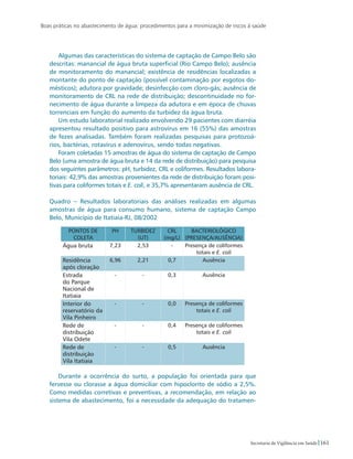 Boas práticas no abastecimento de água: procedimentos para a minimização de riscos à saúde
161Secretaria de Vigilância em Saúde
Algumas das características do sistema de captação de Campo Belo são
descritas: manancial de água bruta superficial (Rio Campo Belo); ausência
de monitoramento do manancial; existência de residências localizadas a
montante do ponto de captação (possível contaminação por esgotos do-
mésticos); adutora por gravidade; desinfecção com cloro-gás; ausência de
monitoramento de CRL na rede de distribuição; descontinuidade no for-
necimento de água durante a limpeza da adutora e em época de chuvas
torrenciais em função do aumento da turbidez da água bruta.
Um estudo laboratorial realizado envolvendo 29 pacientes com diarréia
apresentou resultado positivo para astrovírus em 16 (55%) das amostras
de fezes analisadas. Também foram realizadas pesquisas para protozoá-
rios, bactérias, rotavírus e adenovírus, sendo todas negativas.
Foram coletadas 15 amostras de água do sistema de captação de Campo
Belo (uma amostra de água bruta e 14 da rede de distribuição) para pesquisa
dos seguintes parâmetros: pH, turbidez, CRL e coliformes. Resultados labora-
toriais: 42,9% das amostras provenientes da rede de distribuição foram posi-
tivas para coliformes totais e E. coli, e 35,7% apresentaram ausência de CRL.
Quadro – Resultados laboratoriais das análises realizadas em algumas
amostras de água para consumo humano, sistema de captação Campo
Belo, Município de Itatiaia-RJ, 08/2002
Pontos de
coleta
pH Turbidez
(UT)
CRL
(mg/L)
Bacteriológico
(presença/ausência)
Água bruta 7,23 2,53 - Presença de coliformes
totais e E. coli
Residência
após cloração
6,96 2,21 0,7 Ausência
Estrada
do Parque
Nacional de
Itatiaia
- - 0,3 Ausência
Interior do
reservatório da
Vila Pinheiro
- - 0,0 Presença de coliformes
totais e E. coli
Rede de
distribuição
Vila Odete
- - 0,4 Presença de coliformes
totais e E. coli
Rede de
distribuição
Vila Itatiaia
- - 0,5 Ausência
Durante a ocorrência do surto, a população foi orientada para que
fervesse ou clorasse a água domiciliar com hipoclorito de sódio a 2,5%.
Como medidas corretivas e preventivas, a recomendação, em relação ao
sistema de abastecimento, foi a necessidade da adequação do tratamen-
 