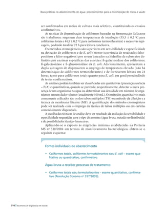Boas práticas no abastecimento de água: procedimentos para a minimização de riscos à saúde
194 Secretaria de Vigilância em Saúde
ser confirmados em meios de cultura mais seletivos, constituindo os ensaios
confirmativos.
As técnicas de determinação de coliformes baseadas na fermentação da lactose
são trabalhosas: requerem duas temperaturas de incubação (35,5 ± 0,2 o
C para
coliformes totais e 44,5 ± 0,2 o
C para coliformes termotolerantes) e sucessivas repi-
cagens, podendo totalizar 72 h para leitura conclusiva.
Os métodos cromogênicos são superiores em sensibilidade e especificidade
na detecção de coliformes e de E. coli (menor ocorrência de resultados falso-
positivos e falso-negativos) por serem baseados na hidrólise de substratos de-
finidos por enzimas específicas das espécies: ß-galactosidase dos coliformes;
ß-galactosidase e ß-glucoronidase da E. coli. Adicionalmente, apresentam a
dupla vantagem de dispensarem o emprego de temperatura elevada (não há
determinação de coliformes termotolerantes) e de fornecerem leitura em 24
horas, tanto para coliformes totais quanto para E. coli, em geral prescindindo
de testes confirmativos.
As análises podem também ser classificadas em qualitativas (presença/ausência
– P/A) e quantitativas, quando se pretende, respectivamente, detectar a mera pre-
sença de um organismo na água ou determinar sua densidade em número de orga-
nismos em um dado volume (usualmente 100 mL). Os métodos quantitativos mais
comumente utilizados são os dos tubos múltiplos (TM) ou método da diluição e a
técnica da membrana filtrante (MF). A quantificação dos métodos cromogênicos
pode ser realizada com o emprego da técnica de tubos múltiplos ou em cartelas
comercialmente disponíveis.
A escolha das técnicas de análise deve ser resultado da avaliação da sensibilidade e
especificidade requeridas para o tipo de amostra (água bruta, tratada ou distribuída)
e de possibilidades técnico-financeiras.
Aplicando-se o exposto às exigências mínimas estabelecidas na Portaria
MS no
518/2004 em termos de monitoramento bacteriológico, obtém-se o
seguinte esquema:
Fontes individuais de abastecimento
•	 Coliformes totais, coliformes termotolerantes e/ou E. coli – exame qua-
litativo ou quantitativo, confirmativo.
Água bruta a receber processo de tratamento
•	 Coliformes totais e/ou termotolerantes – exame quantitativo, confirma-
tivo (Resolução Conama no
357/2005).
 
