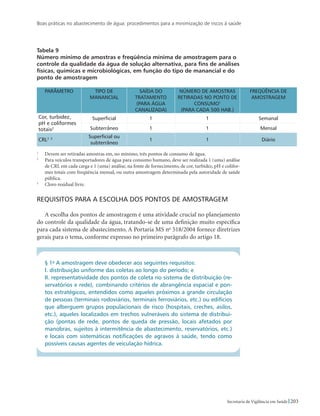 Boas práticas no abastecimento de água: procedimentos para a minimização de riscos à saúde
203Secretaria de Vigilância em Saúde
Tabela 9
Número mínimo de amostras e freqüência mínima de amostragem para o
controle da qualidade da água de solução alternativa, para fins de análises
físicas, químicas e microbiológicas, em função do tipo de manancial e do
ponto de amostragem
Parâmetro Tipo de
manancial
Saída do
tratamento
(para água
canalizada)
Número de amostras
retiradas no ponto de
consumo1
(para cada 500 hab.)
Freqüência de
amostragem
Cor, turbidez,
pH e coliformes
totais2
Superficial 1 1 Semanal
Subterrâneo 1 1 Mensal
CRL2 3 Superficial ou
subterrâneo
1 1 Diário
1
	 Devem ser retiradas amostras em, no mínimo, três pontos de consumo de água.
2
	 Para veículos transportadores de água para consumo humano, deve ser realizada 1 (uma) análise
de CRL em cada carga e 1 (uma) análise, na fonte de fornecimento, de cor, turbidez, pH e colifor-
mes totais com freqüência mensal, ou outra amostragem determinada pela autoridade de saúde
pública.
3
	 Cloro residual livre.
Requisitos para a escolha dos pontos de amostragem
A escolha dos pontos de amostragem é uma atividade crucial no planejamento
do controle da qualidade da água, tratando-se de uma definição muito específica
para cada sistema de abastecimento. A Portaria MS no
518/2004 fornece diretrizes
gerais para o tema, conforme expresso no primeiro parágrafo do artigo 18.
§ 1o
A amostragem deve obedecer aos seguintes requisitos:
I. distribuição uniforme das coletas ao longo do período; e
II. representatividade dos pontos de coleta no sistema de distribuição (re-
servatórios e rede), combinando critérios de abrangência espacial e pon-
tos estratégicos, entendidos como aqueles próximos a grande circulação
de pessoas (terminais rodoviários, terminais ferroviários, etc.) ou edifícios
que alberguem grupos populacionais de risco (hospitais, creches, asilos,
etc.), aqueles localizados em trechos vulneráveis do sistema de distribui-
ção (pontas de rede, pontos de queda de pressão, locais afetados por
manobras, sujeitos à intermitência de abastecimento, reservatórios, etc.)
e locais com sistemáticas notificações de agravos à saúde, tendo como
possíveis causas agentes de veiculação hídrica.
 