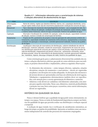 Boas práticas no abastecimento de água: procedimentos para a minimização de riscos à saúde
210 Secretaria de Vigilância em Saúde
Quadro 4.1 – Informações relevantes para a caracterização de sistemas 	
e soluções alternativas de abastecimento de água
ITEM DESCRIÇÃO
Informações
gerais
Nome do sistema, regiões que abastece (distritos, bairros, etc.), população abastecida, consu-
mo per capita médio anual, taxa de crescimento populacional e evolução do consumo de água.
Manancial Tipo e descrição do manancial, descrição/diagnóstico da bacia – uso e ocupação do solo, fon-
tes pontuais e difusas de poluição, condições de proteção do manancial, vazões mínima, média
e máxima (séries históricas), volume de água armazenado, histórico da qualidade da água.
Captação Descrição e localização das unidades de captação, vazão de adução, capacidade instalada
de adução, número e estado de conservação de bombas.
Tratamento Projeto da ETA, parâmetros de projeto e reais de operação de cada processo unitário de
tratamento, capacidade instalada de tratamento (infra-estrutura, equipamentos e insumos),
condições de operação e manutenção, controle operacional realizado, histórico da qualida-
de da água.
Distribuição Localização e descrição de reservatórios de distribuição, cadastro detalhado da rede de
distribuição, materiais utilizados, estado de conservação, mapeamento de zonas de consu-
mo (distribuição espacial de consumo per capita) e zonas de pressão, mapa de pressões da
rede de distribuição, mapeamento de pontos críticos (ex.: vazamentos constantes, zonas
de baixa pressão, zonas de intermitência de abastecimento), controle operacional realizado
(ex.: manobras, reparos, descarga e limpeza de rede), histórico da qualidade da água.
Como orientação geral, para o cadastramento dimensional das unidades dos sis-
temas e soluções alternativas coletivas, que pode ter como referência, para sua reali-
zação, os projetos desenvolvidos e implantados, cabem as seguintes observações:
•	 As dimensões das estruturas – como tanques diversos, captações, estações
elevatórias, estações de tratamento e reservatórios – devem ser registradas
em planta e em elevações em escalas adequadas.As elevações das estruturas e
do terreno devem ser apresentadas com base em referências de nível seguras.
Tubulações e equipamentos eletromecânicos também dever ser especifica-
dos, com atenção para a correta apresentação de diâmetros e materiais.
•	 Adutoras e rede devem ser cuidadosa e devidamente cadastradas, com aten-
ção para aquelas enterradas. Nesse caso, diâmetros, material, profundidades
e posições nas ruas, bem como peças e acessórios, entre outras informações,
devem ser registrados.
Histórico da qualidade da água
Nunca é demais lembrar que a qualidade da água pode variar, intensamente, no
tempo e no espaço. Torna-se então de fundamental importância compor um histó-
rico da qualidade da água que permita avaliar sua distribuição e evolução espacial
e temporal.
A avaliação da água tratada visa à verificação do atendimento sistemático, ao
longo do tempo, ao padrão de potabilidade.Apresenta-se também como um meca-
nismo indispensável de controle dos processos de tratamento empregados.
 