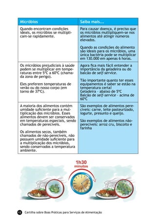 Micróbios                                    Saiba mais...
 Quando encontram condições                   Para causar doença, é preciso que
 ideais, os micróbios se multipli-            os micróbios multipliquem-se nos
 cam-se rapidamente.                          alimentos até atingir números
                                              elevados.

                                              Quando as condições do alimento
                                              são ideais para os micróbios, uma
                                              única bactéria pode se multiplicar
                                              em 130.000 em apenas 6 horas.
 Os micróbios prejudiciais à saúde            Agora fica mais fácil entender a
 podem se multiplicar em tempe-               importância da geladeira ou do
 raturas entre 5ºC a 60ºC (chama-             balcão de self-service.
 da zona de perigo).
                                              Tão importante quanto ter esses
 Eles preferem temperaturas de                equipamentos é saber se estão na
 verão ou do nosso corpo (em                  temperatura certa!
 torno de 37ºC).                              Geladeira – abaixo de 5ºC
                                              Balcão de self-service – acima de
                                              60ºC
 A maioria dos alimentos contém               São exemplos de alimentos pere-
 umidade suficiente para a mul-               cíveis: carne, leite pasteurizado,
 tiplicação dos micróbios. Esses              iogurte, presunto e queijo.
 alimentos devem ser conservados
 em temperaturas especiais, sendo             São exemplos de alimentos não-
 chamados de perecíveis.                      perecíveis: arroz cru, biscoito e
                                              farinha
 Os alimentos secos, também
 chamados de não-perecíveis, não
 possuem umidade suficiente para
 a multiplicação dos micróbios,
 sendo conservados a temperatura
 ambiente.




12   Cartilha sobre Boas Práticas para Serviços de Alimentação
 