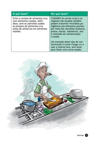 O que fazer?                        Por que fazer?
Evite o contato de alimentos crus   CUIDADO! As carnes cruas e os
com alimentos cozidos. Além         vegetais não lavados também
disso, lave os utensílios usados    podem transmitir micróbios pa-
no preparo de alimentos crus        togênicos aos alimentos prontos
antes de utilizá-los em alimentos   por meio dos utensílios (talhares,
cozidos.                            pratos, bacias, tabuleiros). Isso
                                    é chamado de contaminação
                                    cruzada.

                                    Um exemplo desse tipo de con-
                                    taminação é cortar frango cru e
                                    usar a mesma faca, sem lavar,
                                    para fatiar uma carne assada.




                                                             Anvisa   33
 