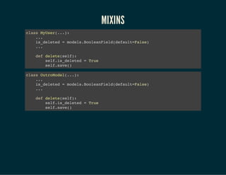1. Mantenha seu ambiente de trabalho limpo e isolado
de outros projetos;
2. Deixe claro o que é configuração de desenvolvimento
e o que é configuração de produção;
3. Facilite a sua vida e a de quem está iniciando no
projeto;
4. Sempre que puder, crie novos apps;
5. Não ignore o User do Django.
 