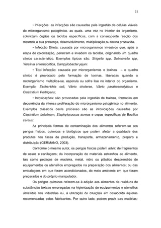 21 
• Infecções: as infecções são causadas pela ingestão de células viáveis do microrganismo patogênico, as quais, uma vez no interior do organismo, colonizam órgãos ou tecidos específicos, com a conseqüente reação dos mesmos a sua presença, desenvolvimento, multiplicação ou toxina produzida. 
• Infecção Direta: causada por microrganismos invasivos que, após a etapa de colonização, penetram e invadem os tecidos, originando um quadro clinico característico. Exemplos típicos são: Shigella spp, Salmonella spp, Yersínia enterocolítica, Campylobacter jejuni. 
• Toxi infecção: causada por microrganismos e toxinas – o quadro clínico é provocado pela formação de toxinas, liberadas quando o microrganismo multiplica-se, esporula ou sofre lise no interior do organismo. Exemplo: Escherichia coli, Vibrio cholerae, Vibrio parahaemolyticus e Clostridium Perfrigens; 
• Intoxicações: são provocadas pela ingestão de toxinas, formadas em decorrência da intensa proliferação do microrganismo patogênico no alimento. Exemplos clássicos deste processo são as intoxicações causadas por Clostridium botulinum, Staphylococcus aureus e cepas específicas de Bacillus cereus; 
As principais formas de contaminação dos alimentos referem-se aos perigos físicos, químicos e biológicos que podem afetar a qualidade dos produtos nas fases de produção, transporte, armazenamento, preparo e distribuição (GERMANO, 2003). 
Conforme o mesmo autor, os perigos físicos podem advir: de fragmentos de ossos e cartilagens; da incorporação de materiais estranhos ao alimento, tais como pedaços de madeira, metal, vidro ou plástico desprendido de equipamentos ou utensílios empregados na preparação dos alimentos; ou das embalagens em que foram acondicionados, do meio ambiente em que foram preparados e do próprio manipulador. 
Os perigos químicos referem-se à adição aos alimentos de resíduos de substâncias tóxicas empregadas na higienização de equipamentos e utensílios utilizados nas indústrias ou, à utilização de diluições em desacordo àquelas recomendadas pelos fabricantes. Por outro lado, podem provir das matérias-  